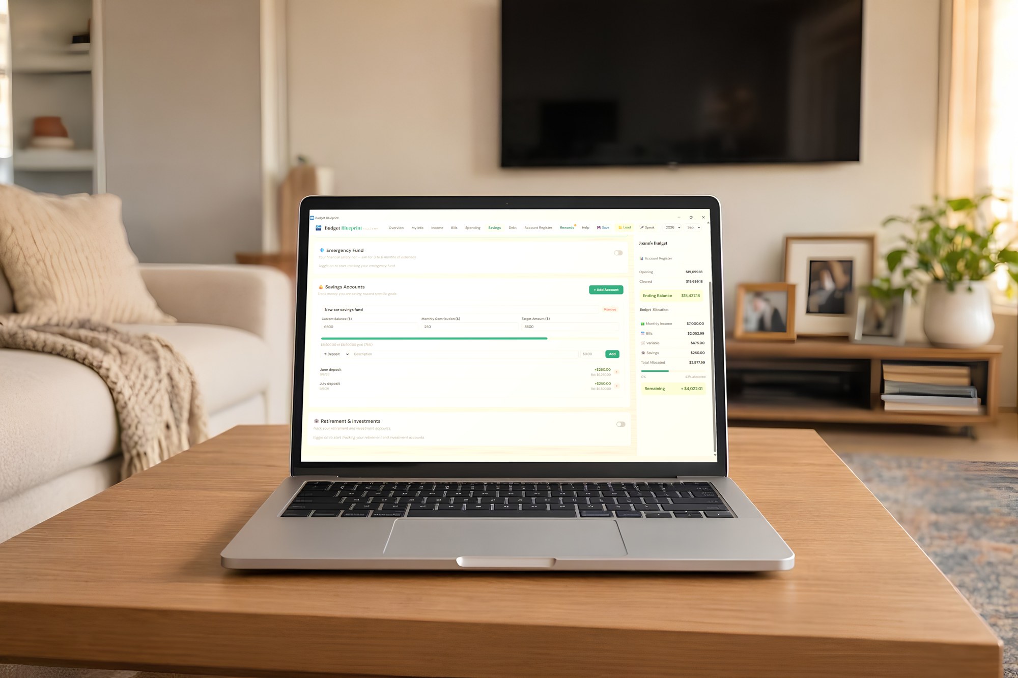 Budget Blueprint savings goals screen
