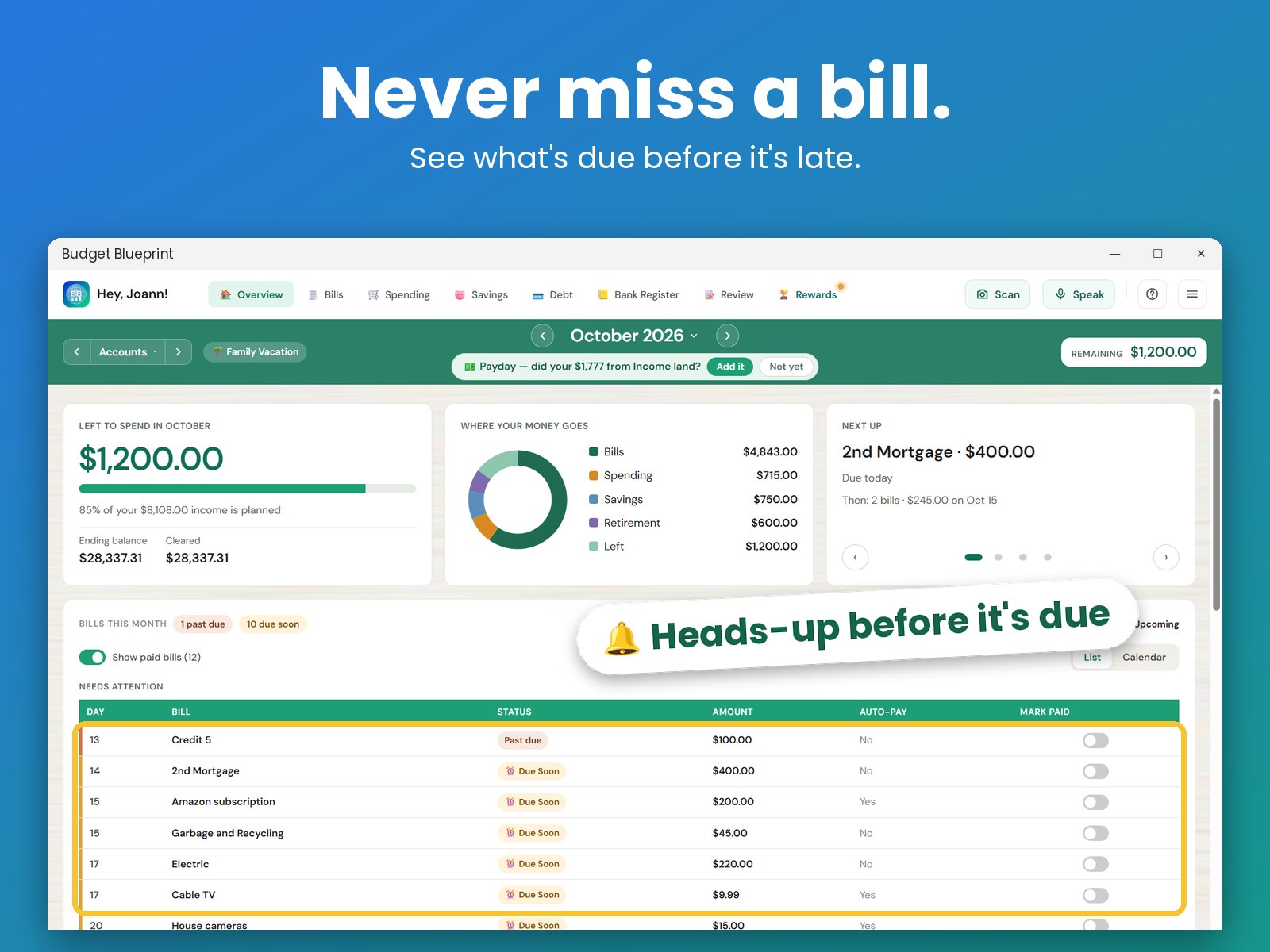 Budget Blueprint showing the bills due this month
