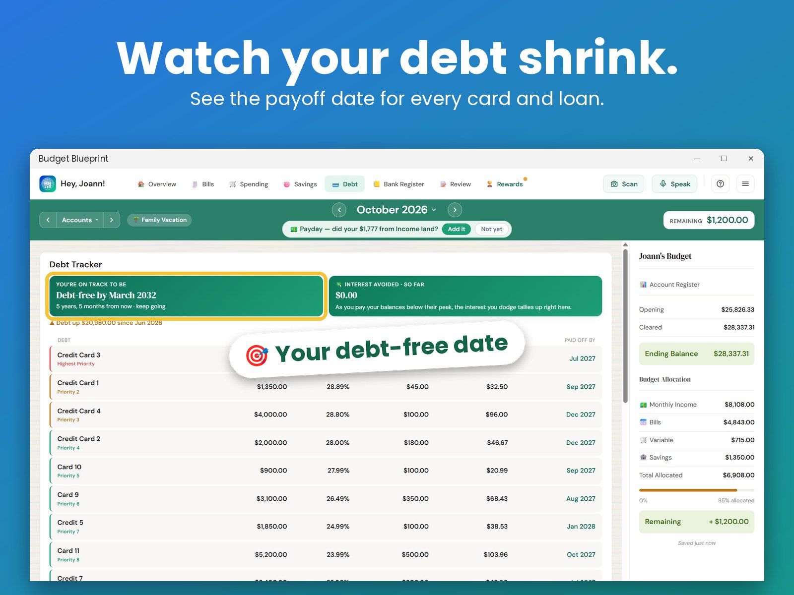 Budget Blueprint debt tracking with a debt-free date